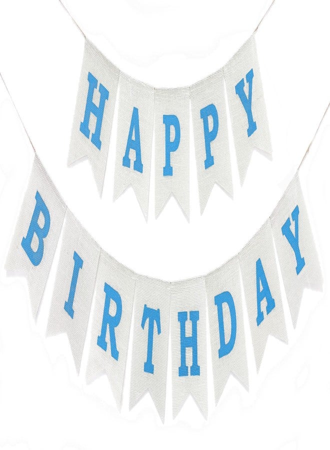 CROWNOS Blue Happy Birthday Banner, Assembled Burlap Happy Birthday Sign for Birthday Party Decorations - Image 1
